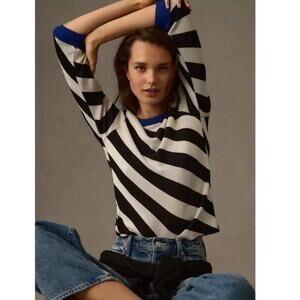 Anthropologie Maeve Stripe Pullover Sweater Black White Blue Crew Knit Sweater M